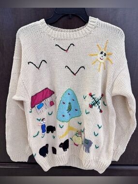 VTG Women’s Cream Knit Embroidered Peruvian Folk Sweater